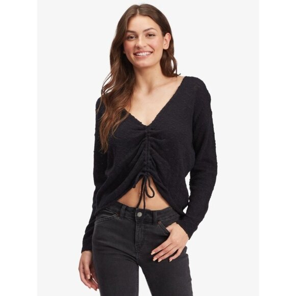 ROXY Rolling Hills Sweater Sz L Black Ruched Front Tie Knit Cotton Nylon Blend - Picture 1 of 13